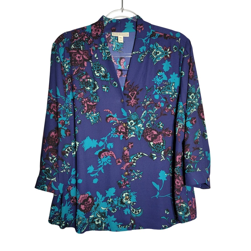 Dana Buchman Womens Blue Floral Top XXL V Neck 3/4 Sleeve Pullover Blouse